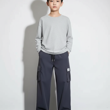 Pantalon Cargo Bleu Marine Ample Décontracté Multipoches Enfant - Polyester