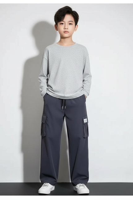 Pantalon Cargo Bleu Marine Ample Décontracté Multipoches Enfant - Polyester