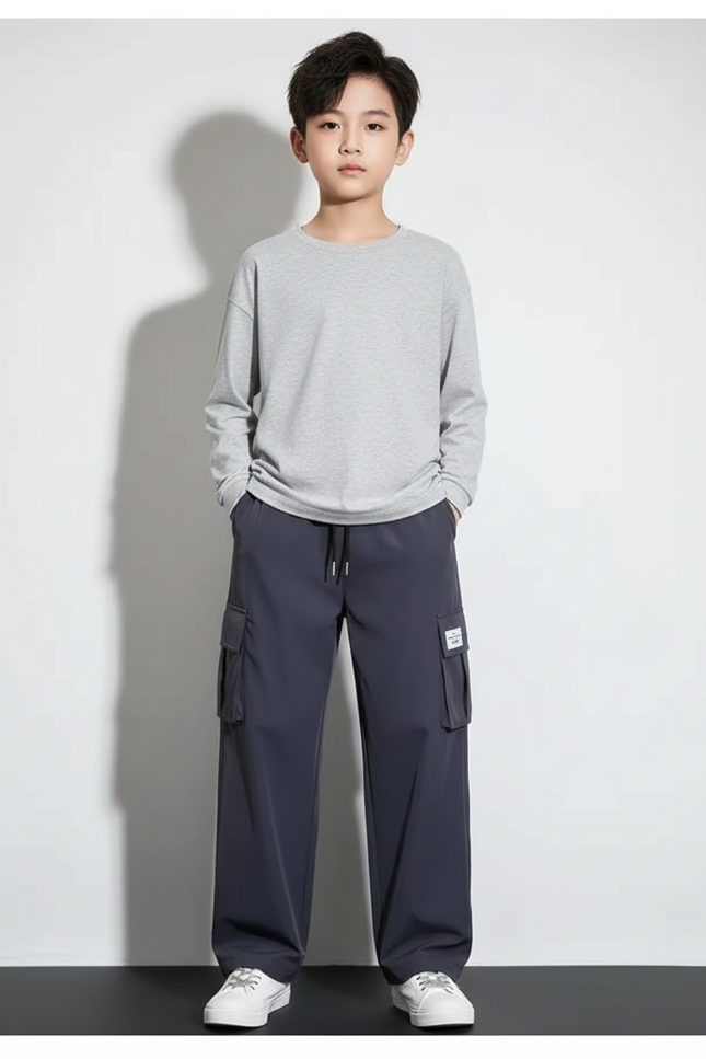 Pantalon Cargo Bleu Marine Ample Décontracté Multipoches Enfant - Polyester