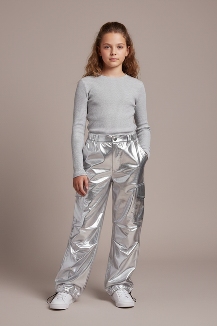 Pantalon Cargo Métallisé Brillant Ample Fille - Argenté Polyester