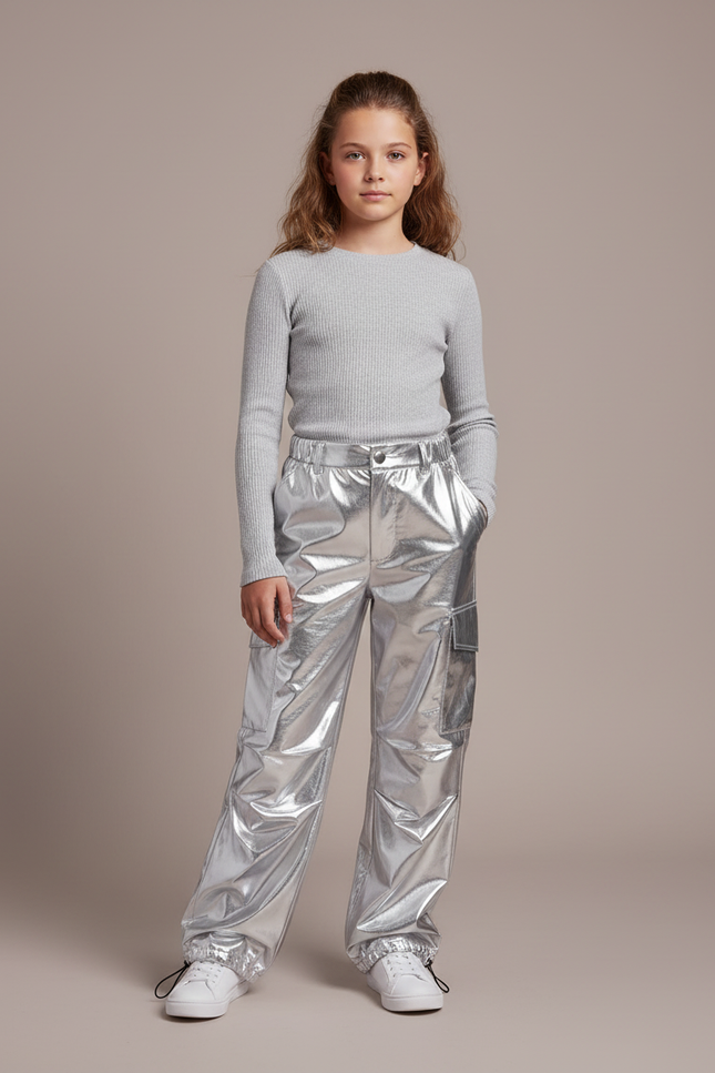 Pantalon Cargo Métallisé Brillant Ample Fille - Argenté Polyester