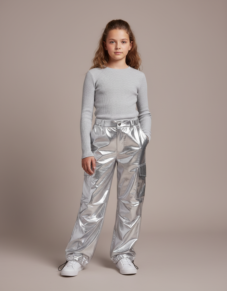 Pantalon Cargo Métallisé Brillant Ample Fille - Argenté Polyester