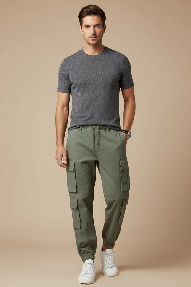 Pantalon Cargo Vert Kaki Multipoches Jogger Homme Coton - Toile