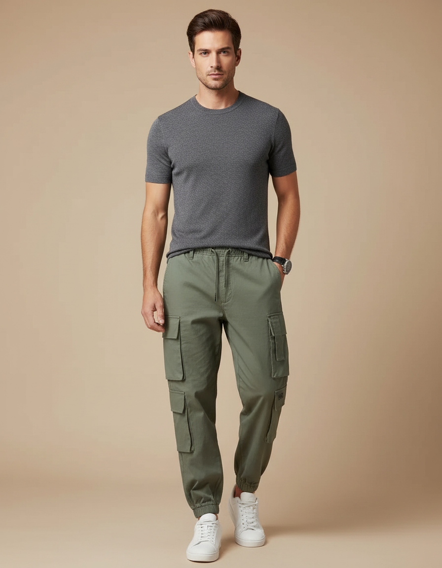 Pantalon Cargo Vert Kaki Multipoches Jogger Homme Coton - Toile