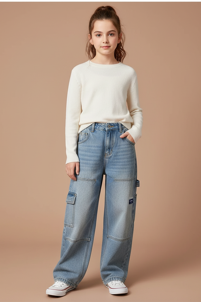 Pantalon Cargo Jean Ample Poches Denim Enfant Décontracté - Bleu
