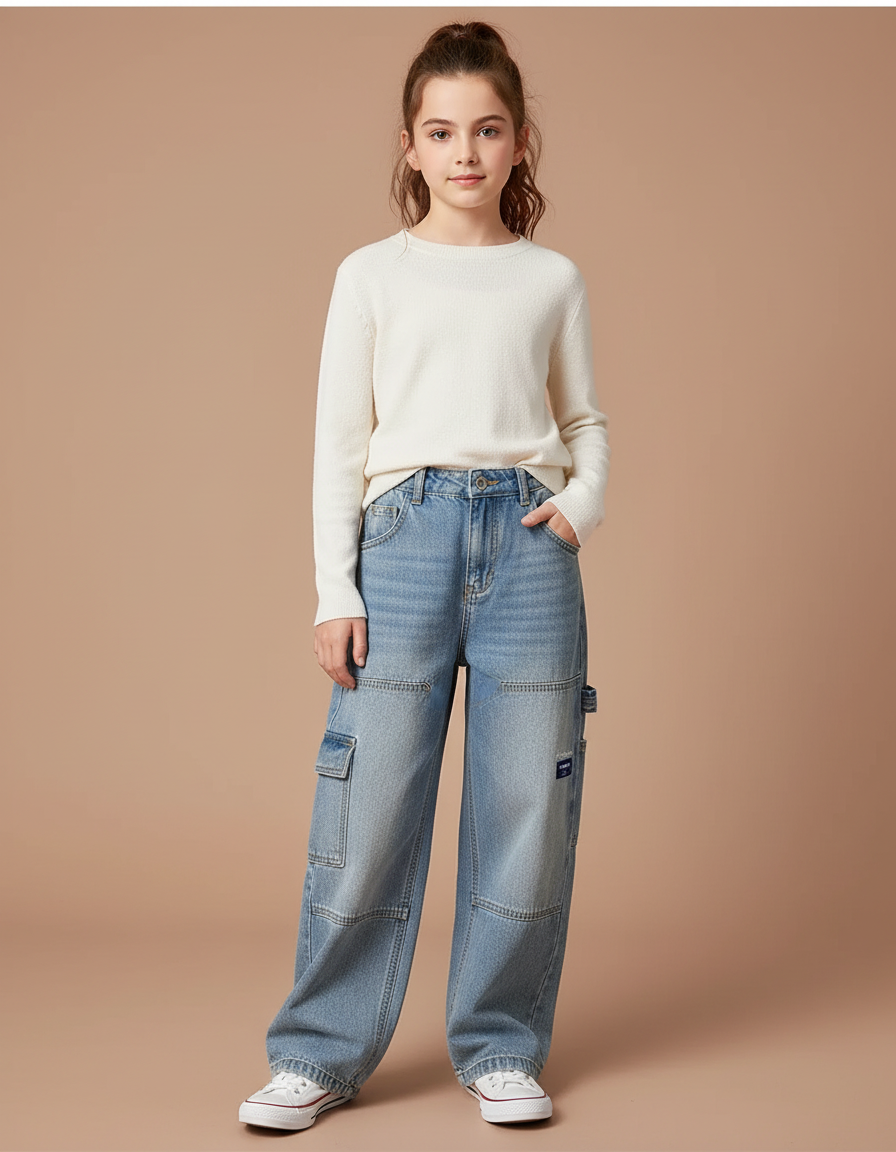 Pantalon Cargo Jean Ample Poches Denim Enfant Décontracté - Bleu