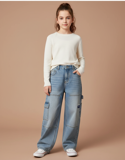 Pantalon Cargo Jean Ample Poches Denim Enfant Décontracté - Bleu