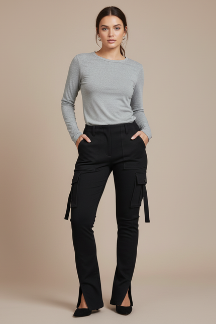 Pantalon Cargo Noir Slim Fit Femme Fentes - Gabardine