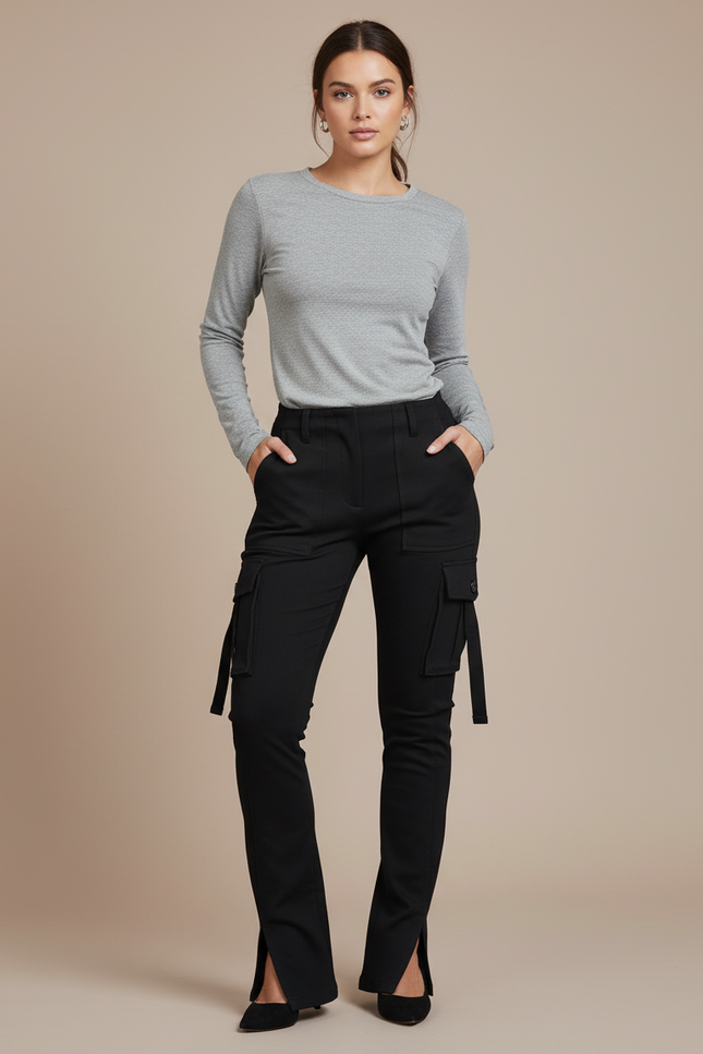 Pantalon Cargo Noir Slim Fit Femme Fentes - Gabardine