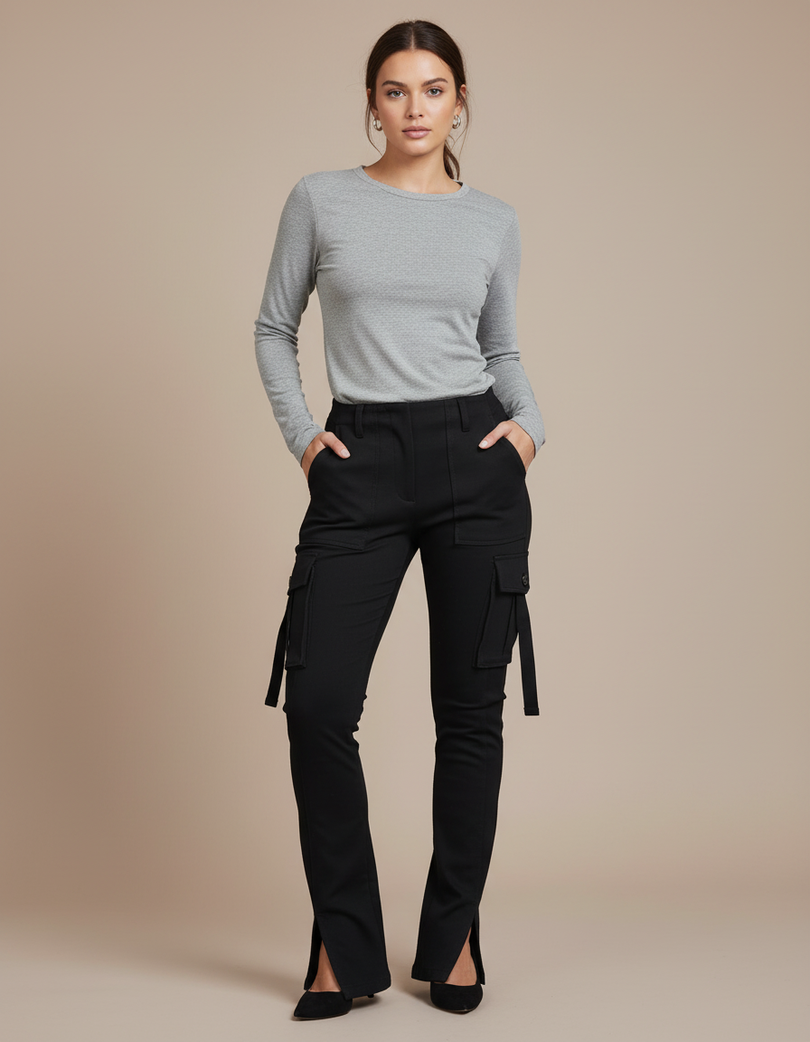 Pantalon Cargo Noir Slim Fit Femme Fentes - Gabardine