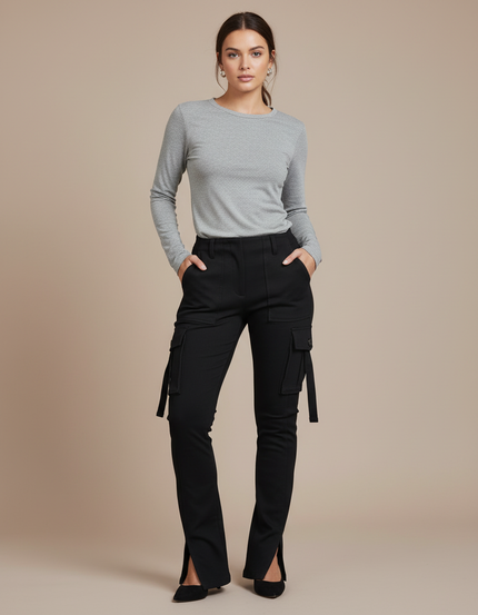 Pantalon Cargo Noir Slim Fit Femme Fentes - Gabardine