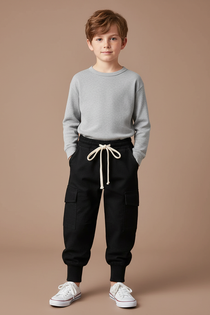 Pantalon Cargo Noir Coton Jogger Décontracté Enfant - Molleton