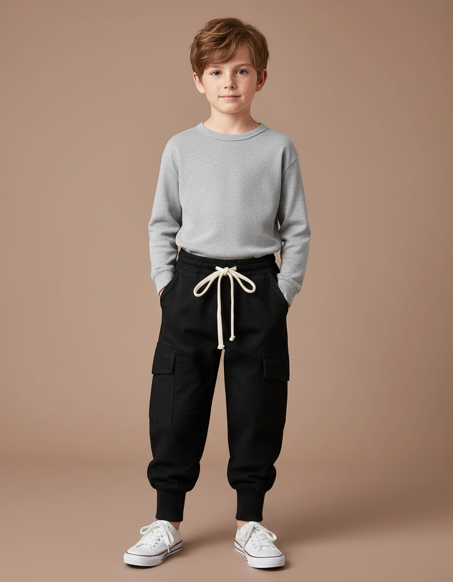Pantalon Cargo Noir Coton Jogger Décontracté Enfant - Molleton