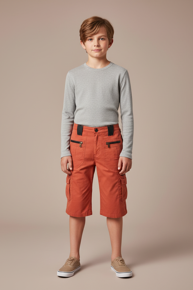Pantalon Cargo Enfant Orange Coton Multipoches Zippées - Toile
