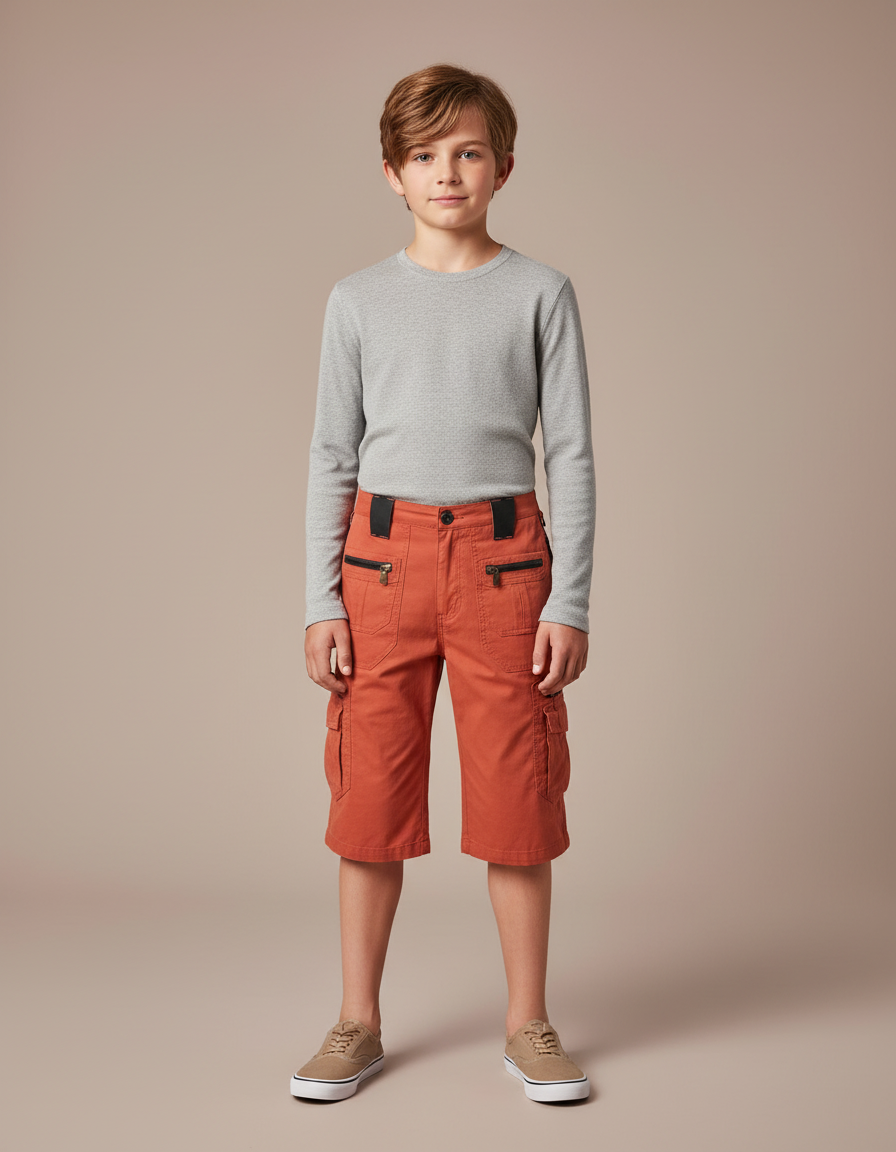 Pantalon Cargo Enfant Orange Coton Multipoches Zippées - Toile