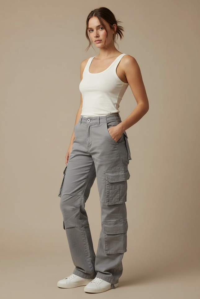 Pantalon Cargo Gris Ample Coton Multipoches Décontracté Femme