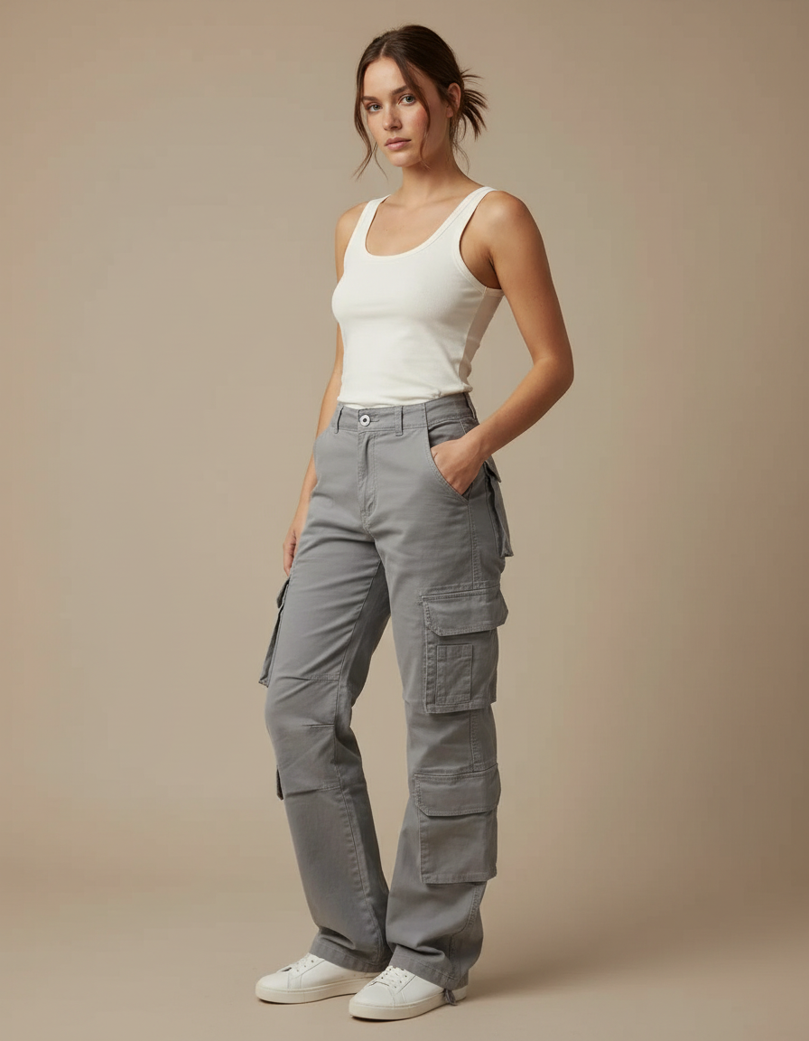Pantalon Cargo Gris Ample Coton Multipoches Décontracté Femme