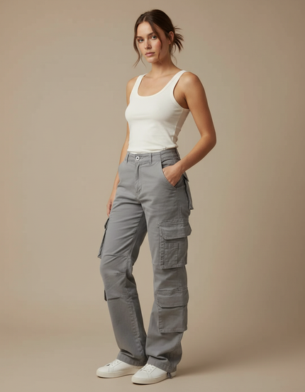 Pantalon Cargo Gris Ample Coton Multipoches Décontracté Femme