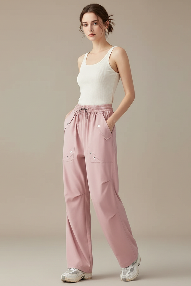 Pantalon Cargo Rose Fluide Ample Décontracté Femme - Polyester