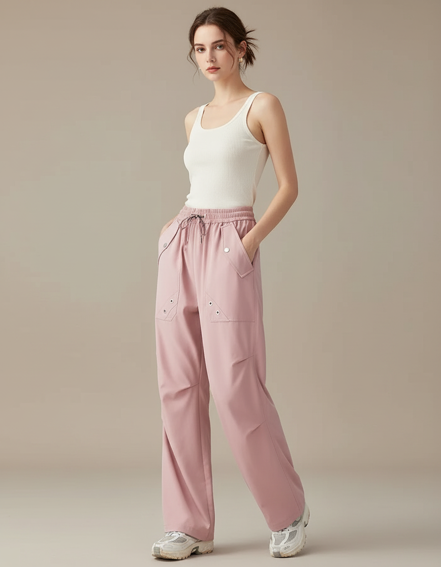 Pantalon Cargo Rose Fluide Ample Décontracté Femme - Polyester