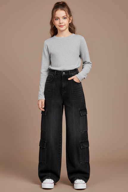 Pantalon Cargo Noir Denim Ample Enfant Multipoches - Jean