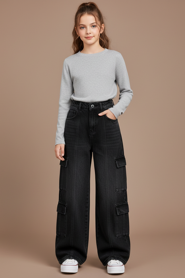 Pantalon Cargo Noir Denim Ample Enfant Multipoches - Jean