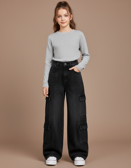 Pantalon Cargo Noir Denim Ample Enfant Multipoches - Jean