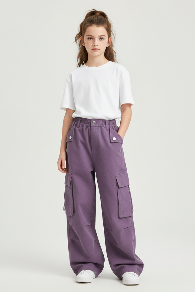 Pantalon Cargo Violet Ample Multipoches Décontracté Enfant - Toile