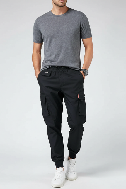 Pantalon Cargo Noir Décontracté Homme Jogger Multi-poches - Polyester