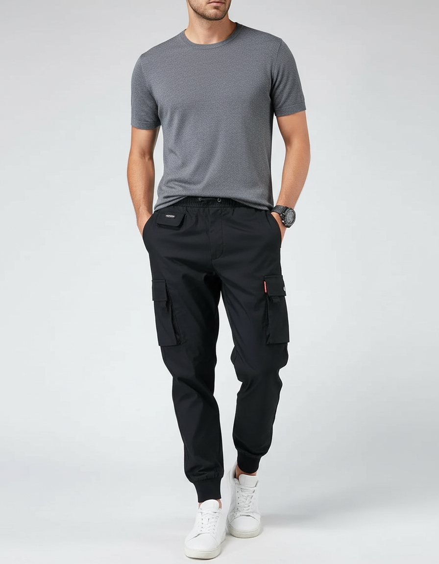 Pantalon Cargo Noir Décontracté Homme Jogger Multi-poches - Polyester