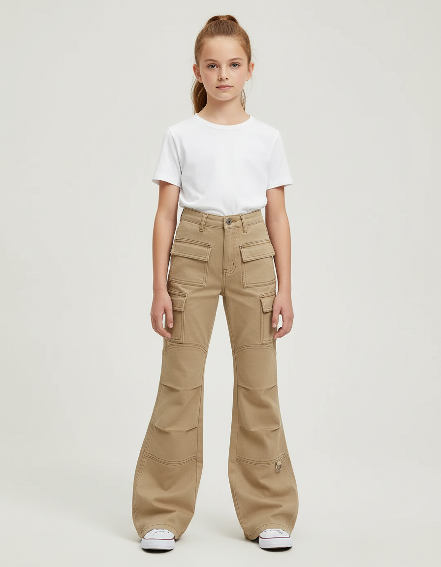 Pantalon Cargo Kaki Ample Évasé Multipoches Enfant - Toile