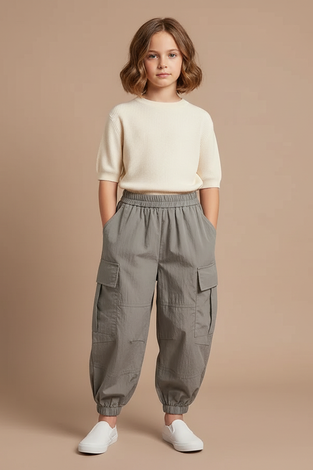 Pantalon Cargo Gris Ample Enfant Poches - Polyester