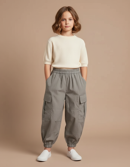 Pantalon Cargo Gris Ample Enfant Poches - Polyester