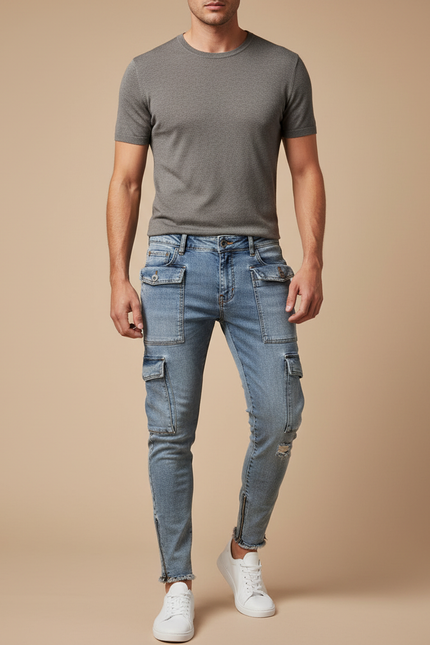 Pantalon Cargo Jean Délavé Slim Multipoches Zippées Homme - Bleu