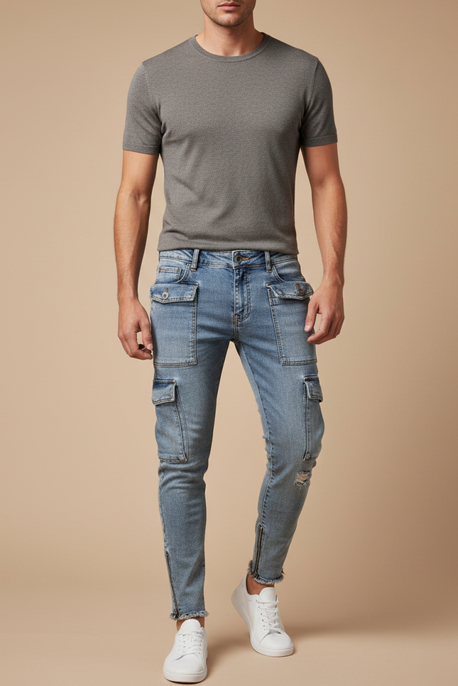 Pantalon Cargo Jean Délavé Slim Multipoches Zippées Homme - Bleu