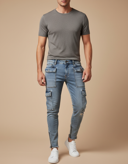 Pantalon Cargo Jean Délavé Slim Multipoches Zippées Homme - Bleu