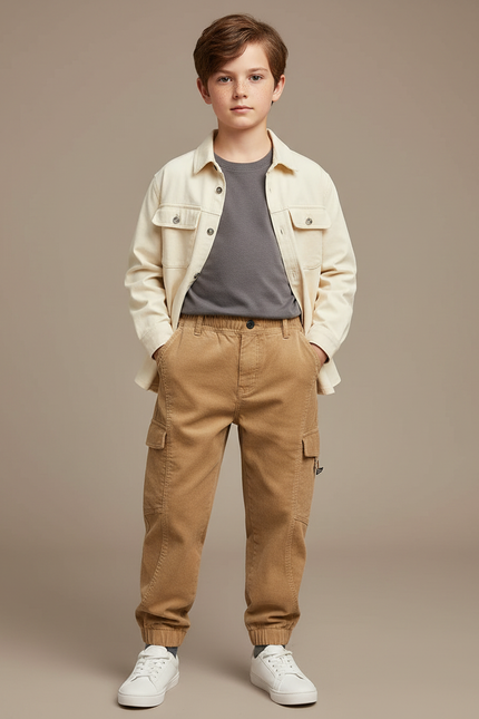 Pantalon Cargo Beige Côtelé Décontracté Garçon Poches - Cordé