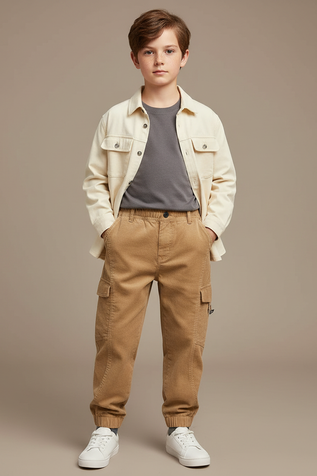 Pantalon Cargo Beige Côtelé Décontracté Garçon Poches - Cordé