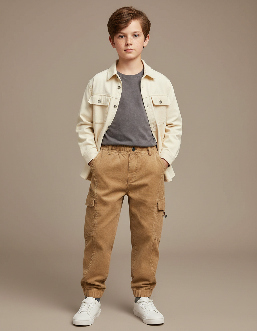 Pantalon Cargo Beige Côtelé Décontracté Garçon Poches - Cordé