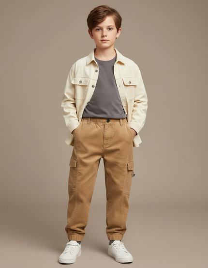 Pantalon Cargo Beige Côtelé Décontracté Garçon Poches - Cordé
