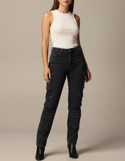 Pantalon Cargo Noir Slim Multipoches Denim Femme - Jean