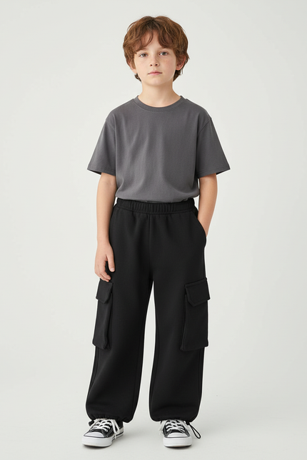 Pantalon Cargo Noir Ample Décontracté Molletonné Enfant