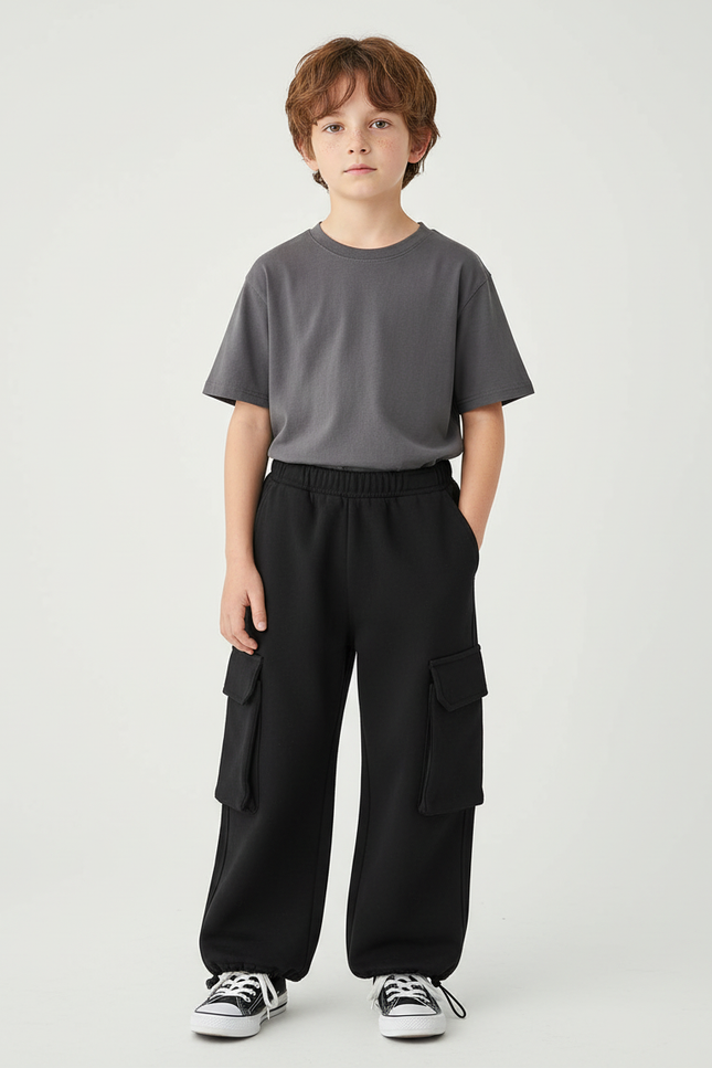 Pantalon Cargo Noir Ample Décontracté Molletonné Enfant