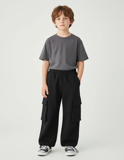Pantalon Cargo Noir Ample Décontracté Molletonné Enfant