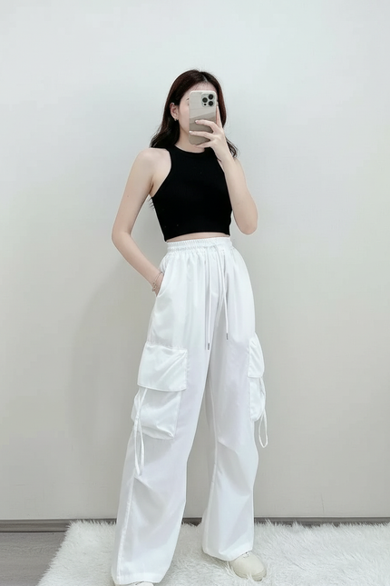 Pantalon Cargo Blanc Ample Poches Fluides Femme - Polyester