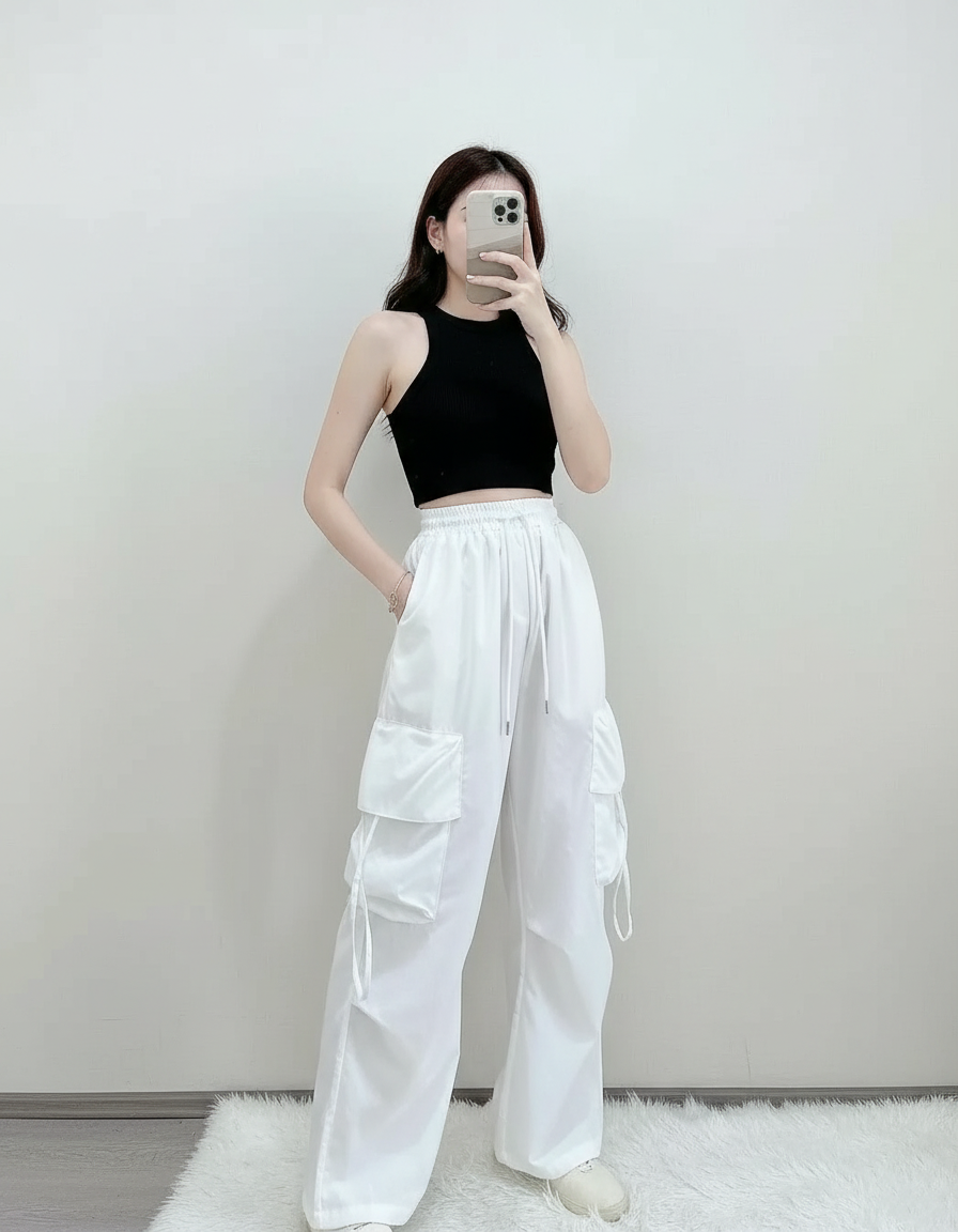 Pantalon Cargo Blanc Ample Poches Fluides Femme - Polyester
