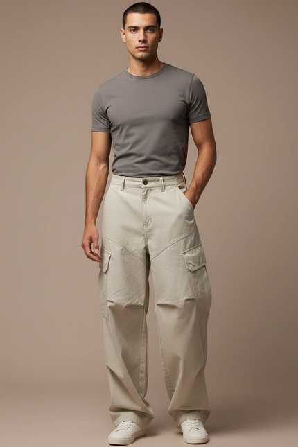 Pantalon Cargo Beige Ample Décontracté Homme - Toile