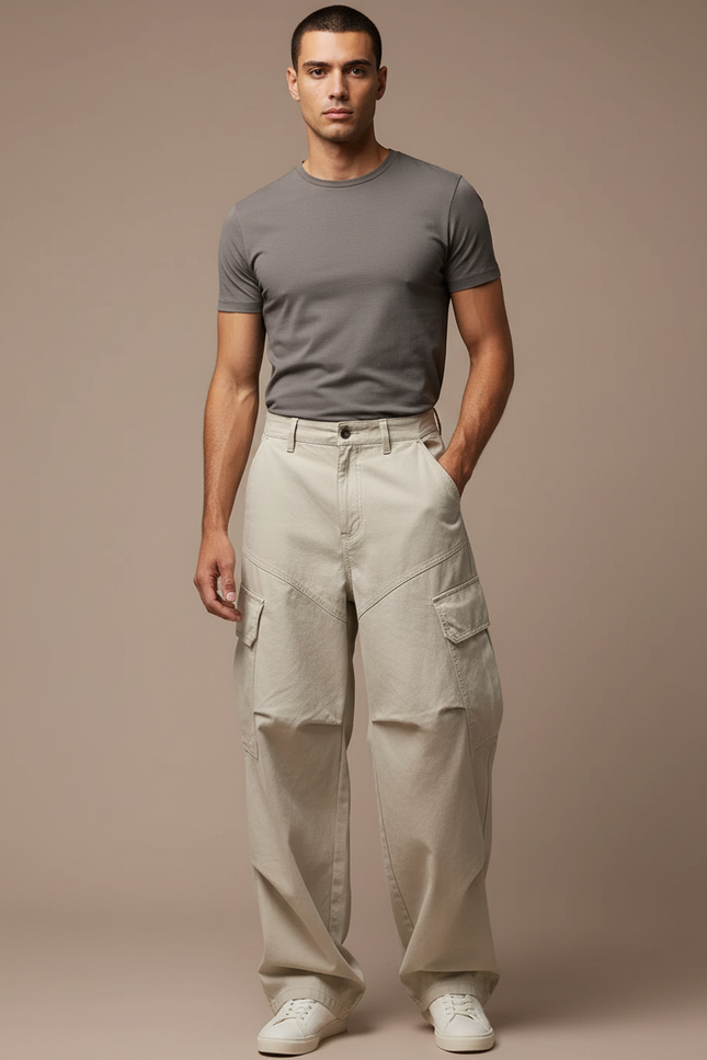 Pantalon Cargo Beige Ample Décontracté Homme - Toile