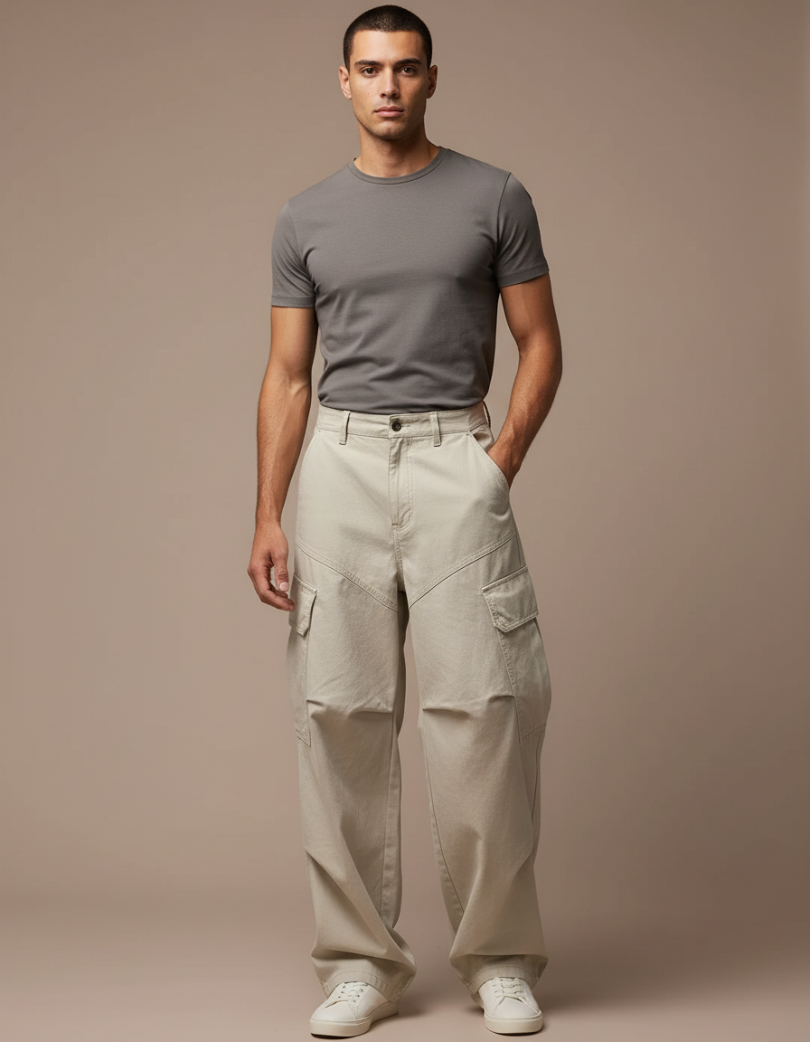 Pantalon Cargo Beige Ample Décontracté Homme - Toile