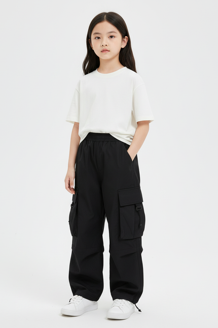 Pantalon Cargo Noir Ample Décontracté Multipoches Fille - Polyester